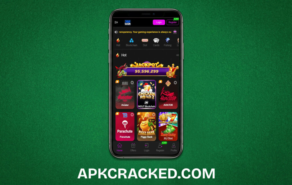 388 Win Game APK interface showing real cash games and instant withdrawal options