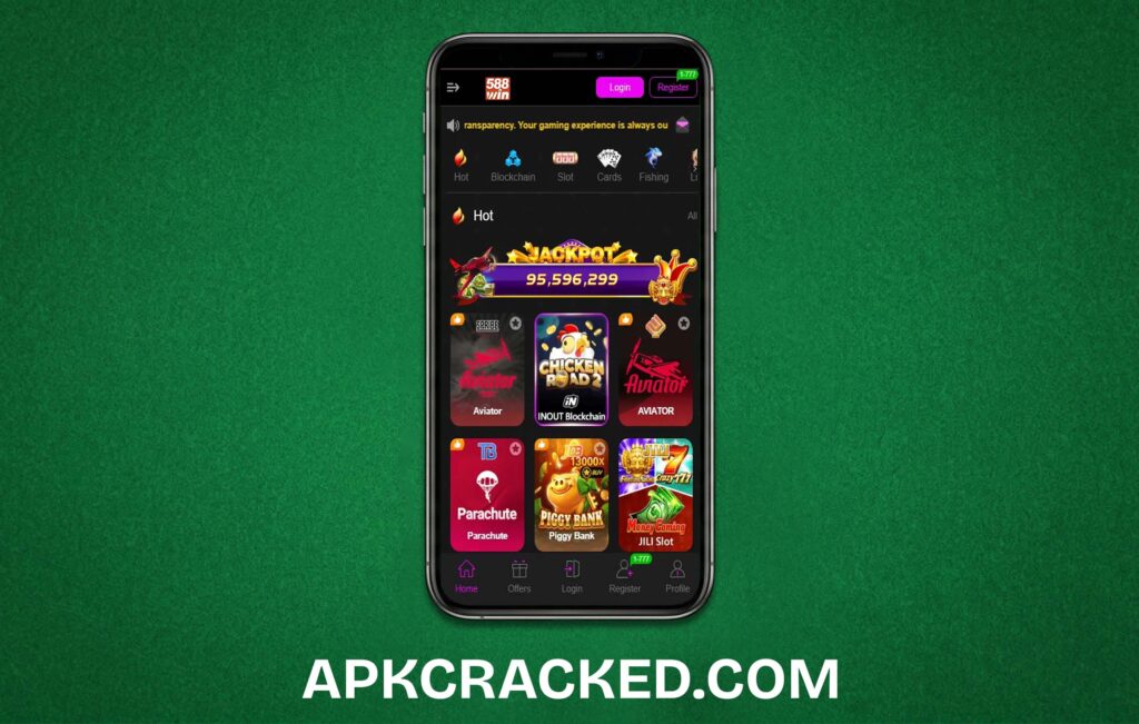 A colorful smartphone screen displaying the 588win Game app lobby with various game icons and a balance of Pakistani Rupees.