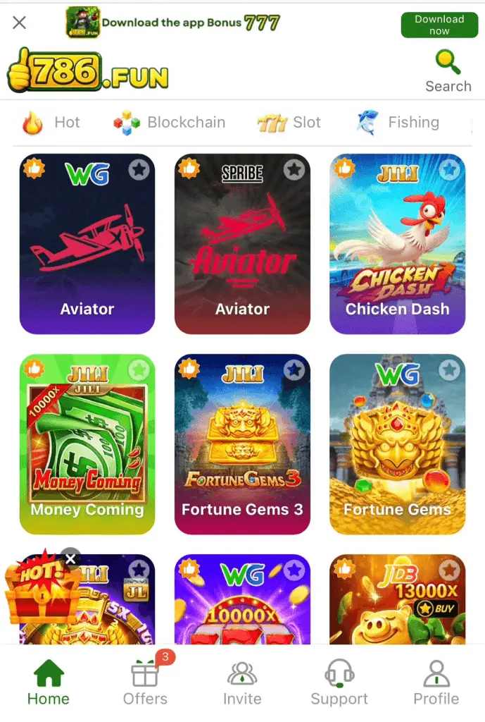 A screenshot of the 786.fun game interface showing various game modes and the easy deposit menu for Android users.