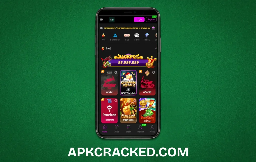 A screenshot of the BetQQ Game dashboard showing various game modes like Ludo and Mines for Android users.