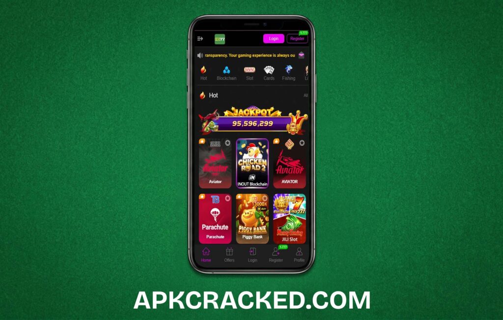 HD77 Game app interface showing various card games and easy withdrawal options for Android users.