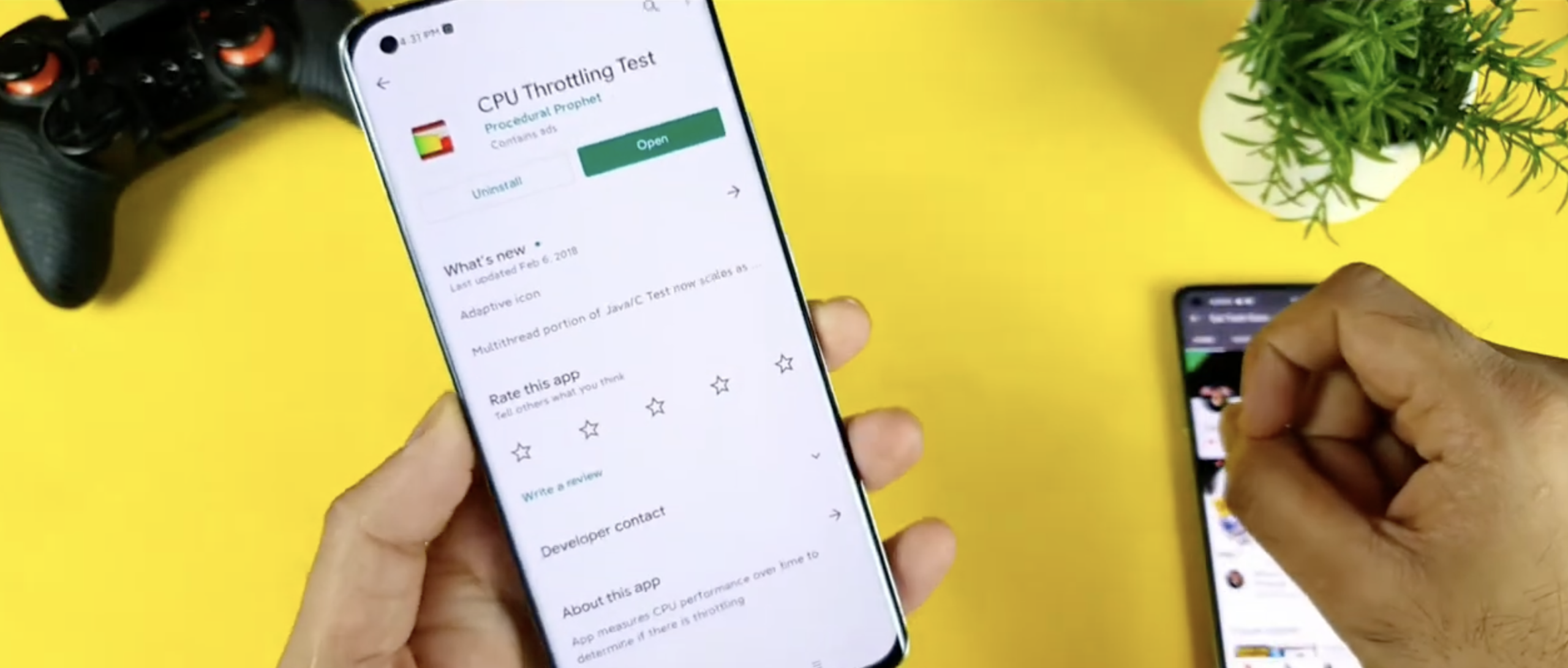 A screenshot showing the CPU Throttling Test green performance graph on an Android smartphone.