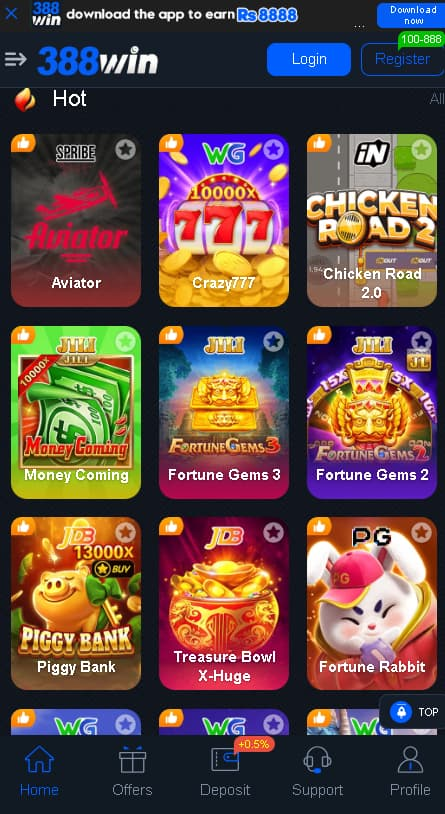 388 Win Game APK interface showing real cash games and instant withdrawal options