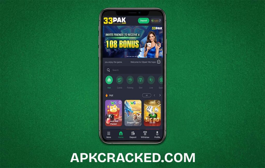 33PAK game APK dashboard showing various game modes and easy withdrawal options for Android users.