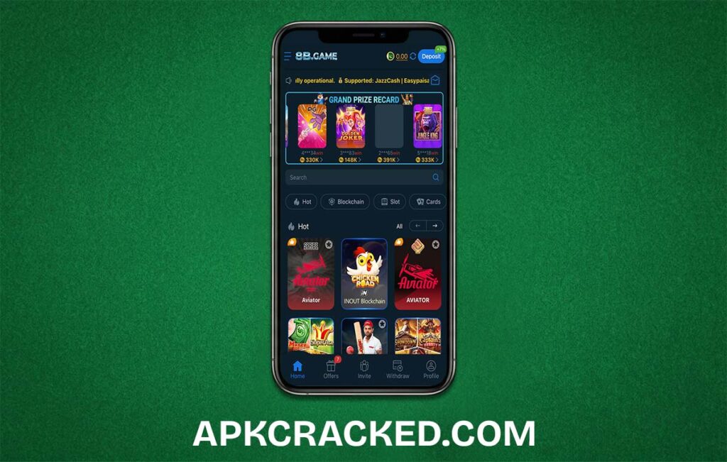 A high-quality interface of the 8B Game app showing various game modes and the JazzCash deposit menu.