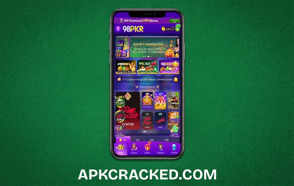 A high-quality screenshot of the 98Pkr Game app interface showing the JazzCash deposit and withdrawal options for Android users.