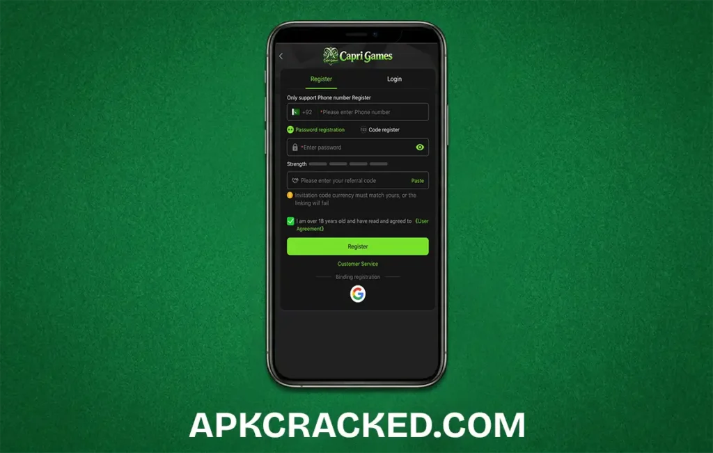 A smartphone screen displaying the Capri Game APK interface for Registering and Login of the game