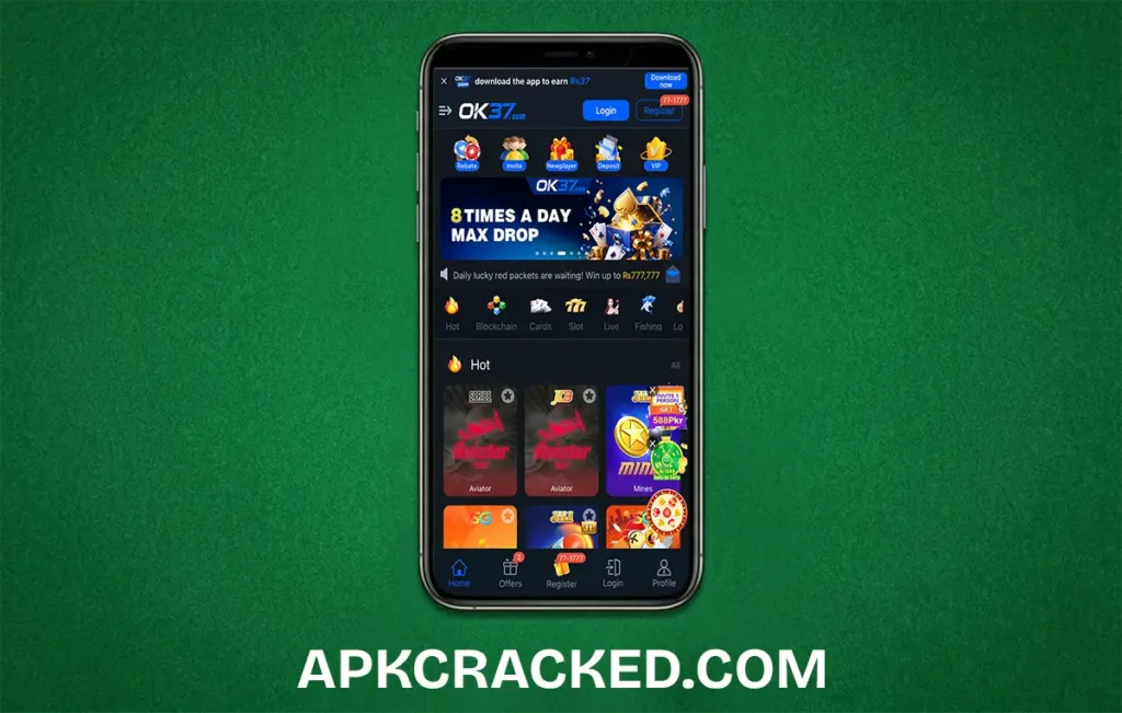 A smartphone screen displaying the OK37 Game APK dashboard with various game icons like Ludo and Teen Patti.