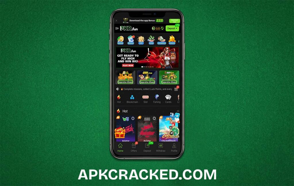 A high-quality preview of the PKR FUN Game APK interface showing the latest version dashboard on an Android smartphone.