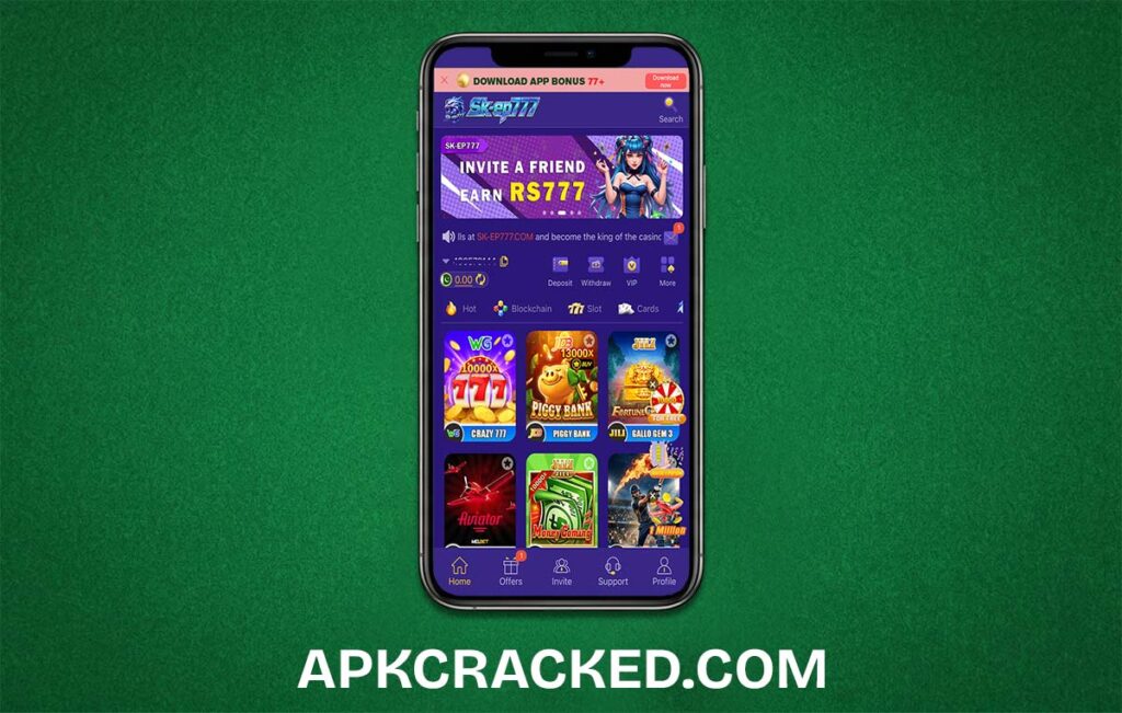 A high-quality interface screenshot of the SK EP777 Game showing the various game modes and easy deposit options for Android users.