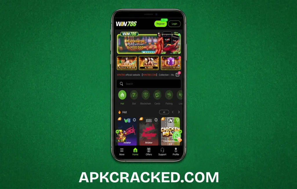 A smartphone screen displaying the Win786 Game dashboard with colorful game icons and EasyPaisa deposit options.