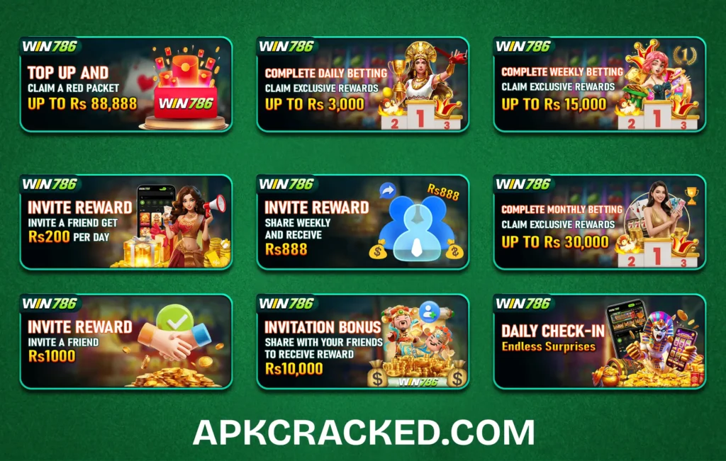 A smartphone screen displaying the Win786 Game dashboard with colorful game icons and EasyPaisa deposit options.