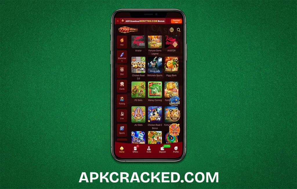 A vibrant digital banner showing the Win7799 Game interface with colorful icons and a "Download Now" button for Android users.